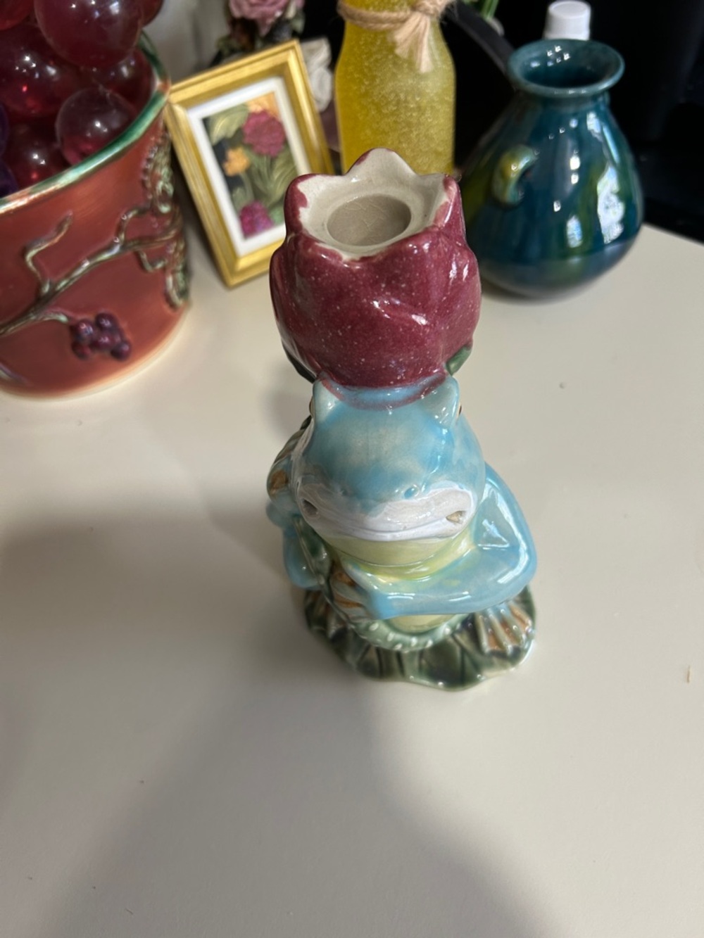 Blue Frog Figurine with Red Tulip holds a tapered candle - Decorative Accent - Picture 2 of 8